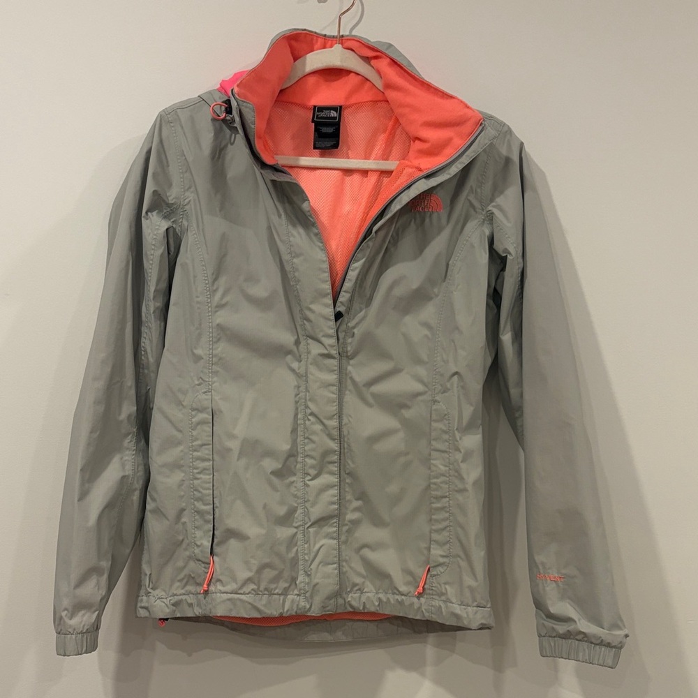 The North Face Light Gray Rain Jacket with Coral Interior